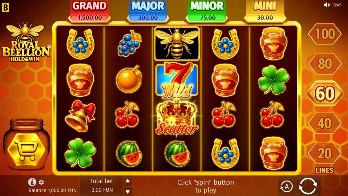 Interface do jogo de slot Royal Beellion Hold & Win com tema de abelhas e mel